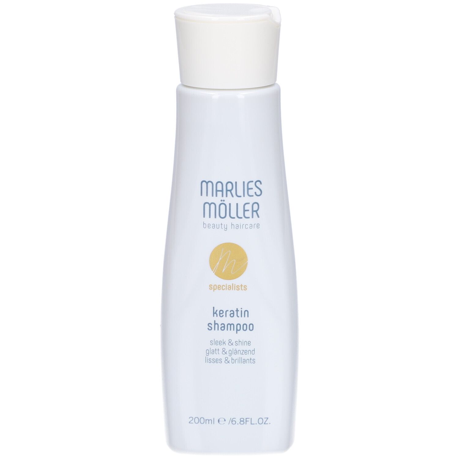 Flacone bianco con tappo bianco. Scritta: Marlies Möller, Keratin Shampoo, 200ml/6.8FL.OZ.