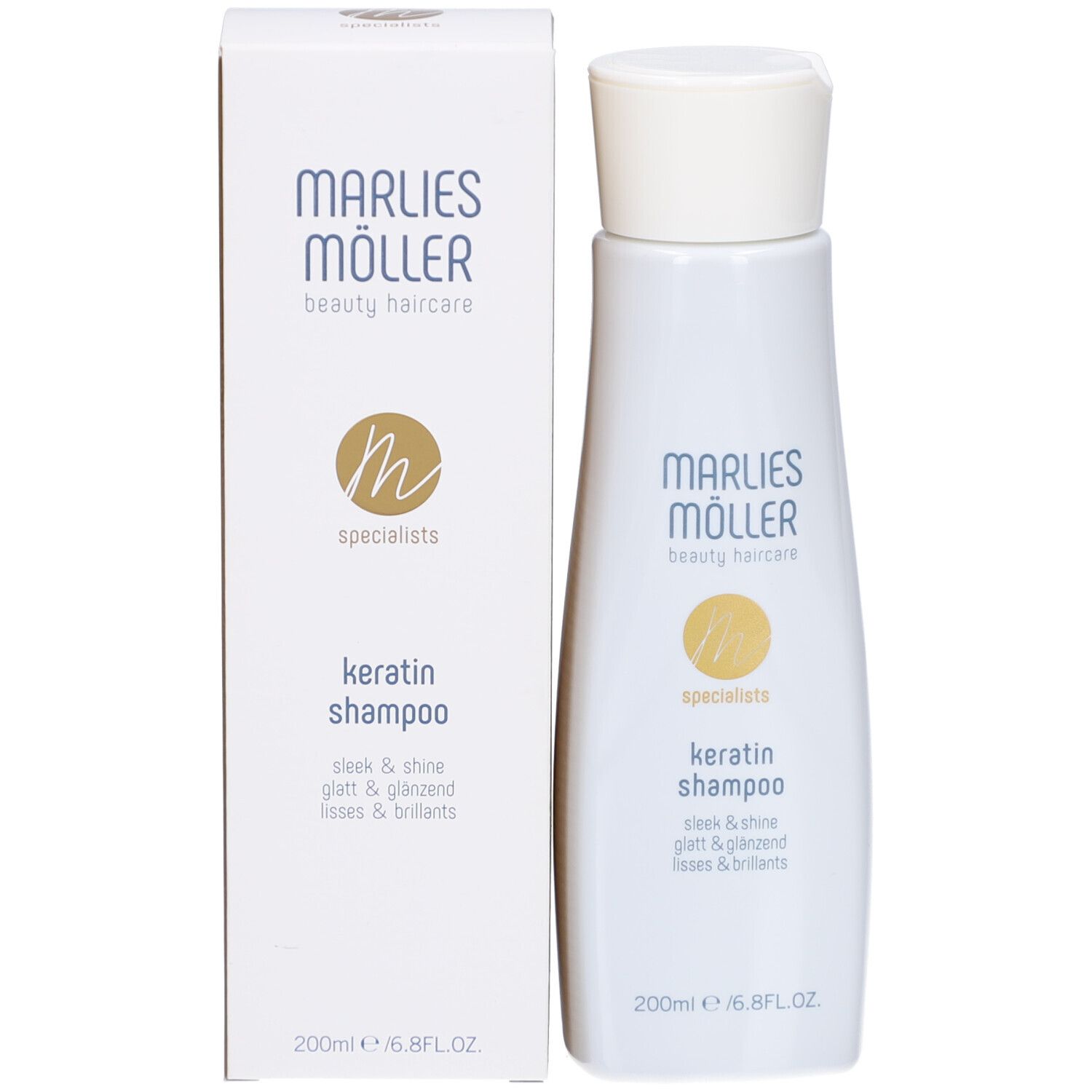 Scatola e flacone bianchi. Scritta: Marlies Möller, Keratin Shampoo, 200ml/6.8FL.OZ.