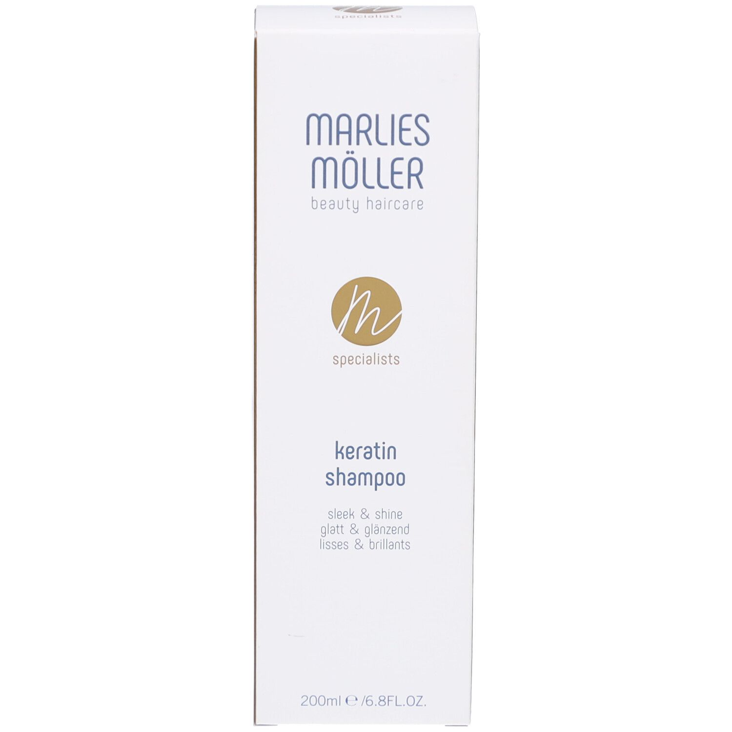 Scatola bianca. Scritta: Marlies Möller, Keratin Shampoo, 200ml/6.8FL.OZ.