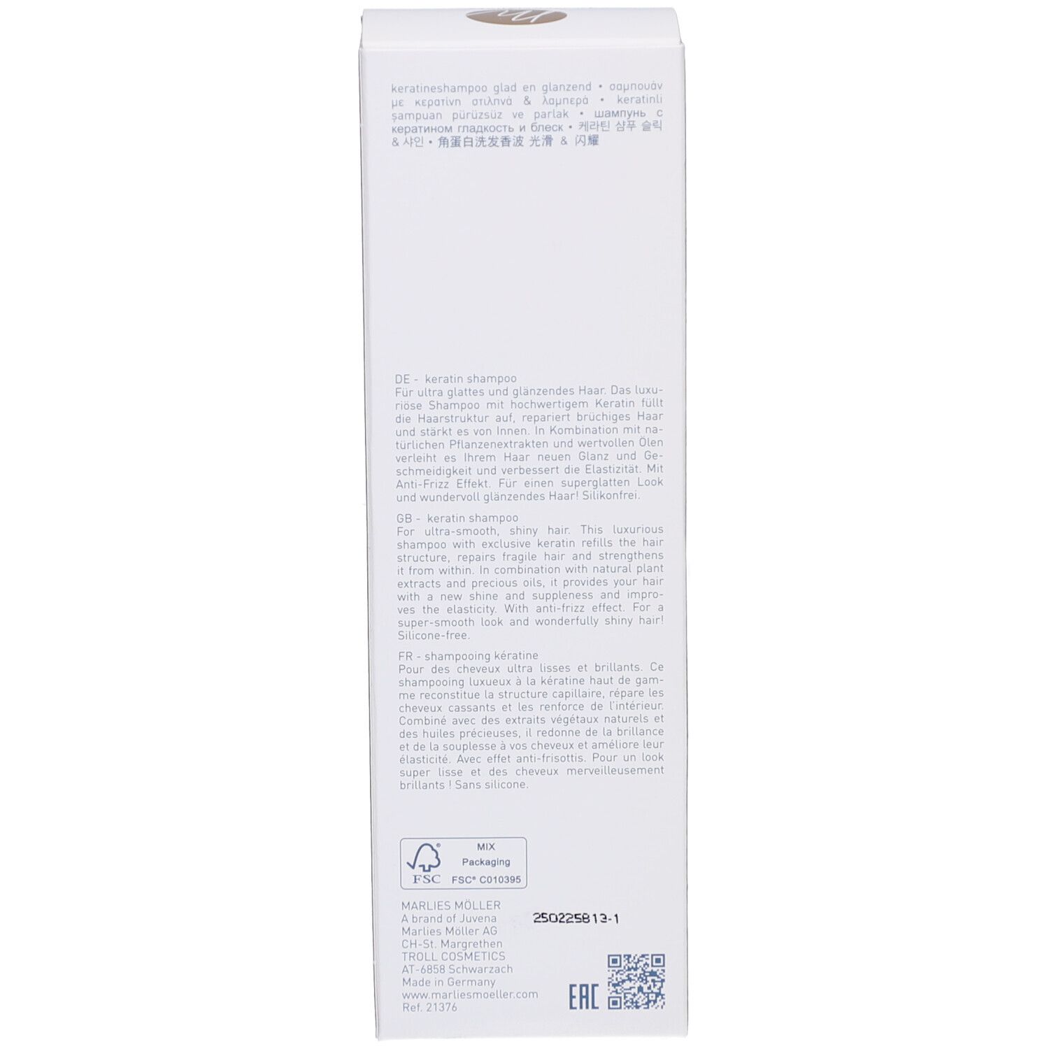 Retro di una scatola. Testo in più lingue. Marchio: Marlies Möller.