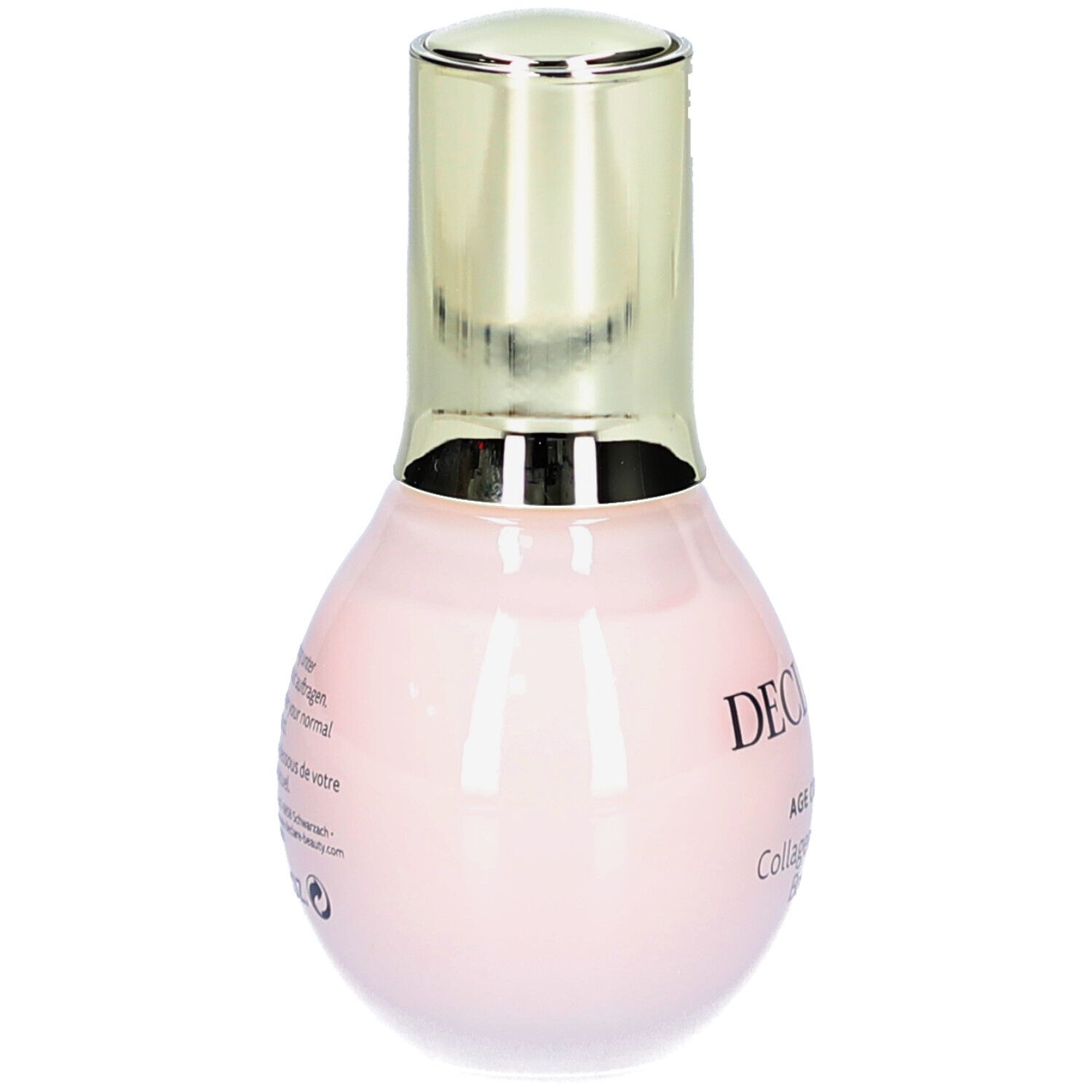 Vista posteriore di un flacone rosa con tappo dorato. Testo sul flacone. DECLARÉ, Collagen & Elastin Booster.