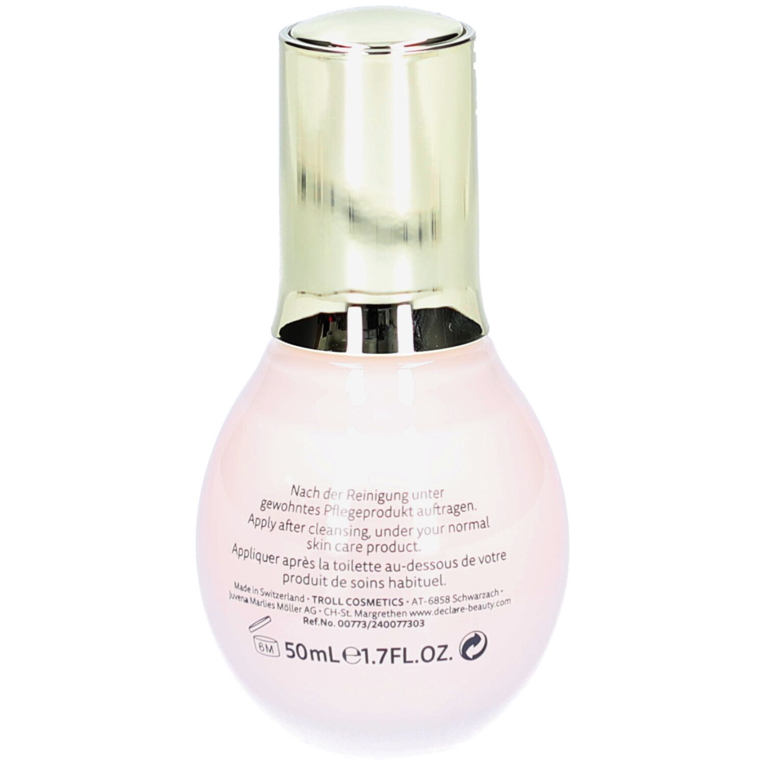 Vista posteriore di un flacone rosa con tappo dorato. Testo sul flacone. DECLARÉ, Collagen & Elastin Booster.