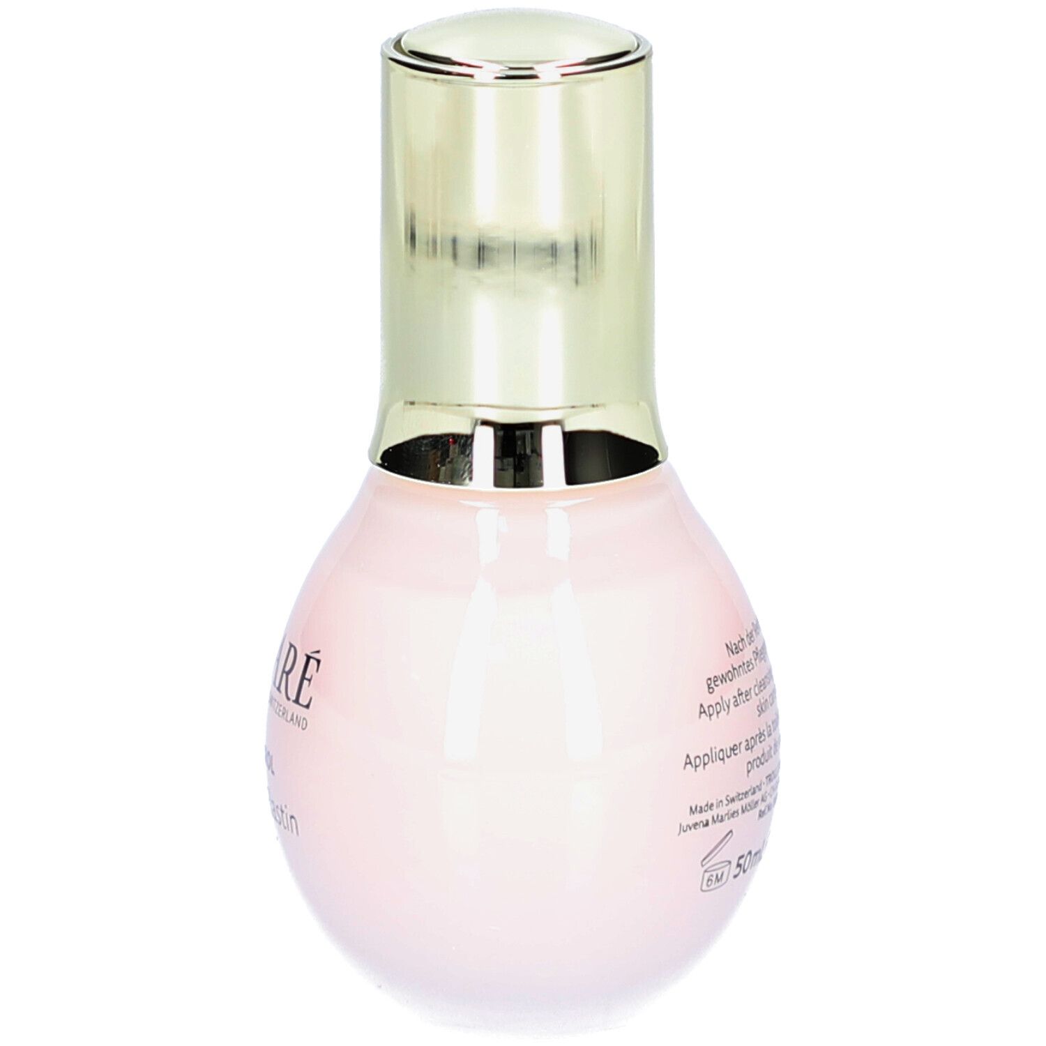 Vista posteriore di un flacone rosa con tappo dorato. Testo sul flacone. DECLARÉ, Collagen & Elastin Booster.