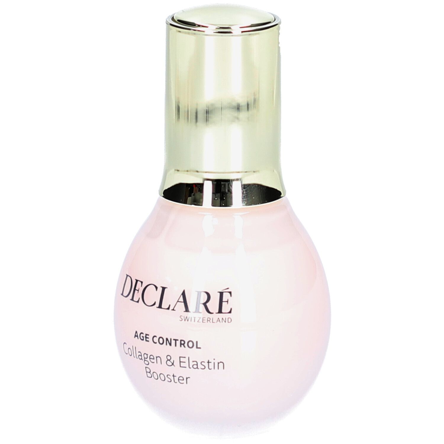 Flacone rosa con tappo dorato. DECLARÉ, AGE CONTROL, Collagen & Elastin Booster. Prodotto svizzero.
