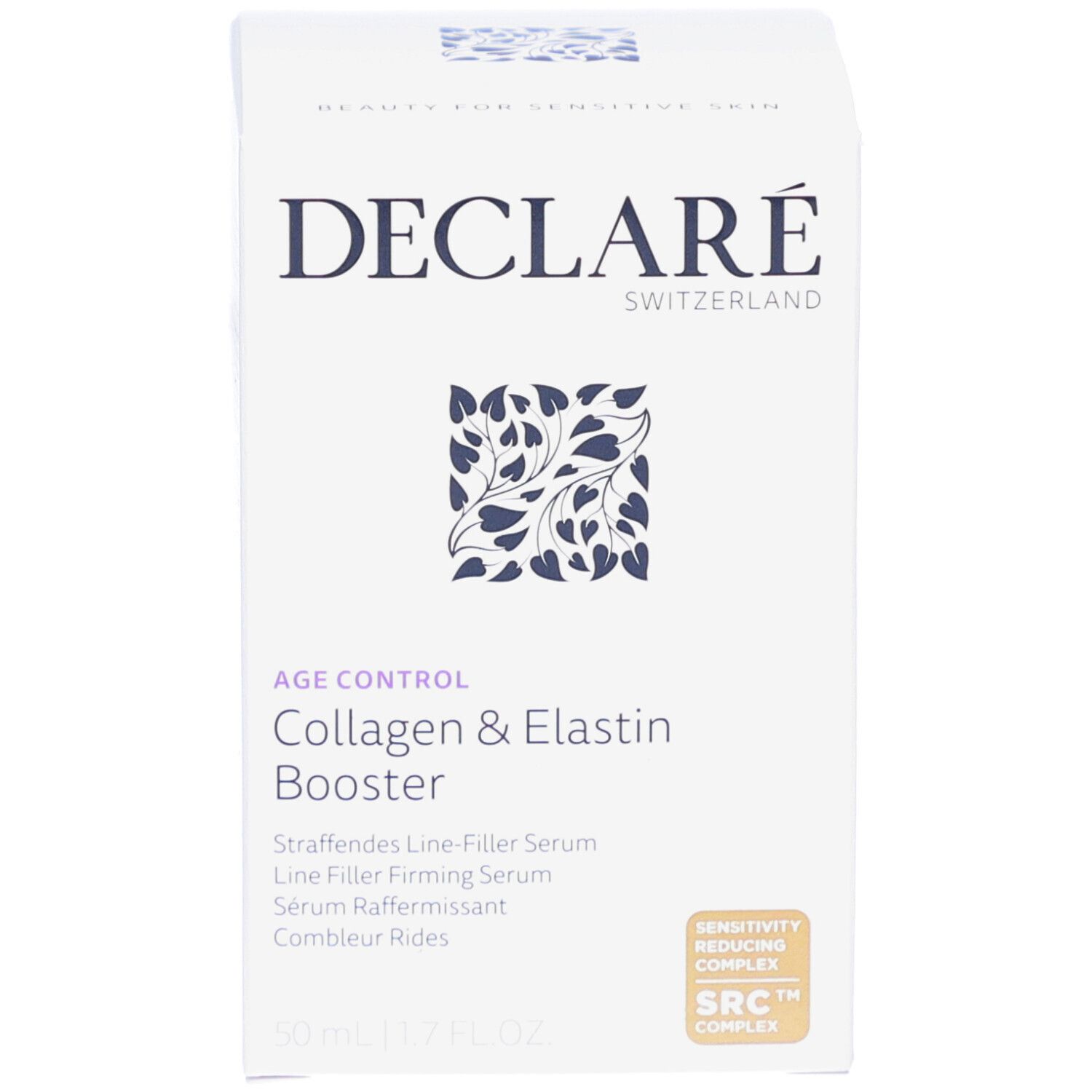 Confezione. DECLARÉ, AGE CONTROL, Collagen & Elastin Booster. Scatola bianca con testo e logo.
