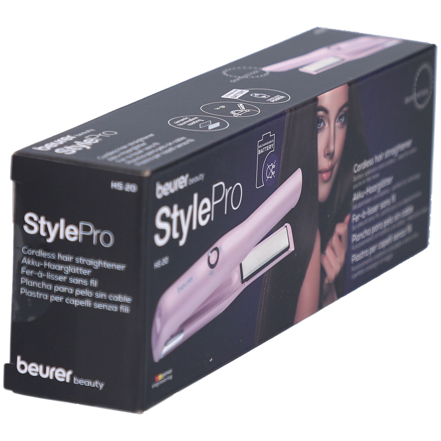 Piastra per capelli senza filo HS 20 StylePro Beurer nella confezione. Dispositivo rosa, donna con capelli lunghi sulla confezione.