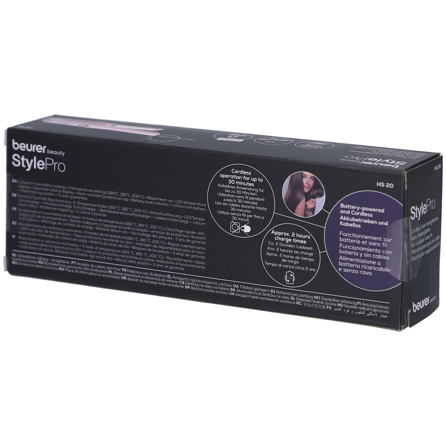 Retro della confezione della piastra per capelli senza filo HS 20 StylePro Beurer. Informazioni e pittogrammi.