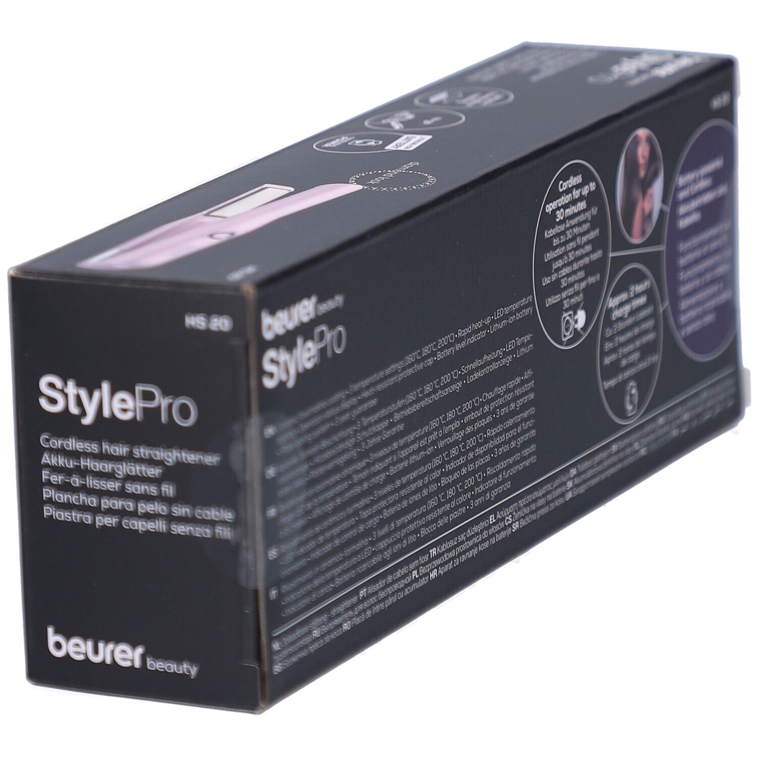 Retro della confezione della piastra per capelli senza filo HS 20 StylePro Beurer. Informazioni e pittogrammi.