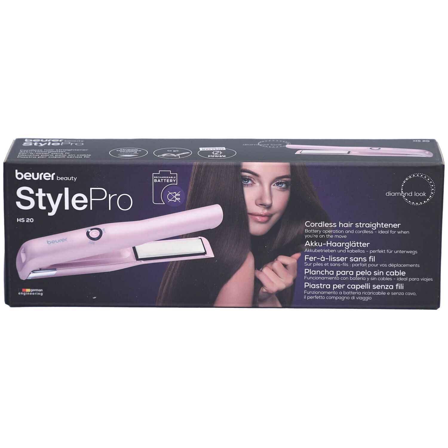 Piastra per capelli senza filo HS 20 StylePro Beurer nella confezione. Dispositivo rosa, donna con capelli lunghi sulla confezione.
