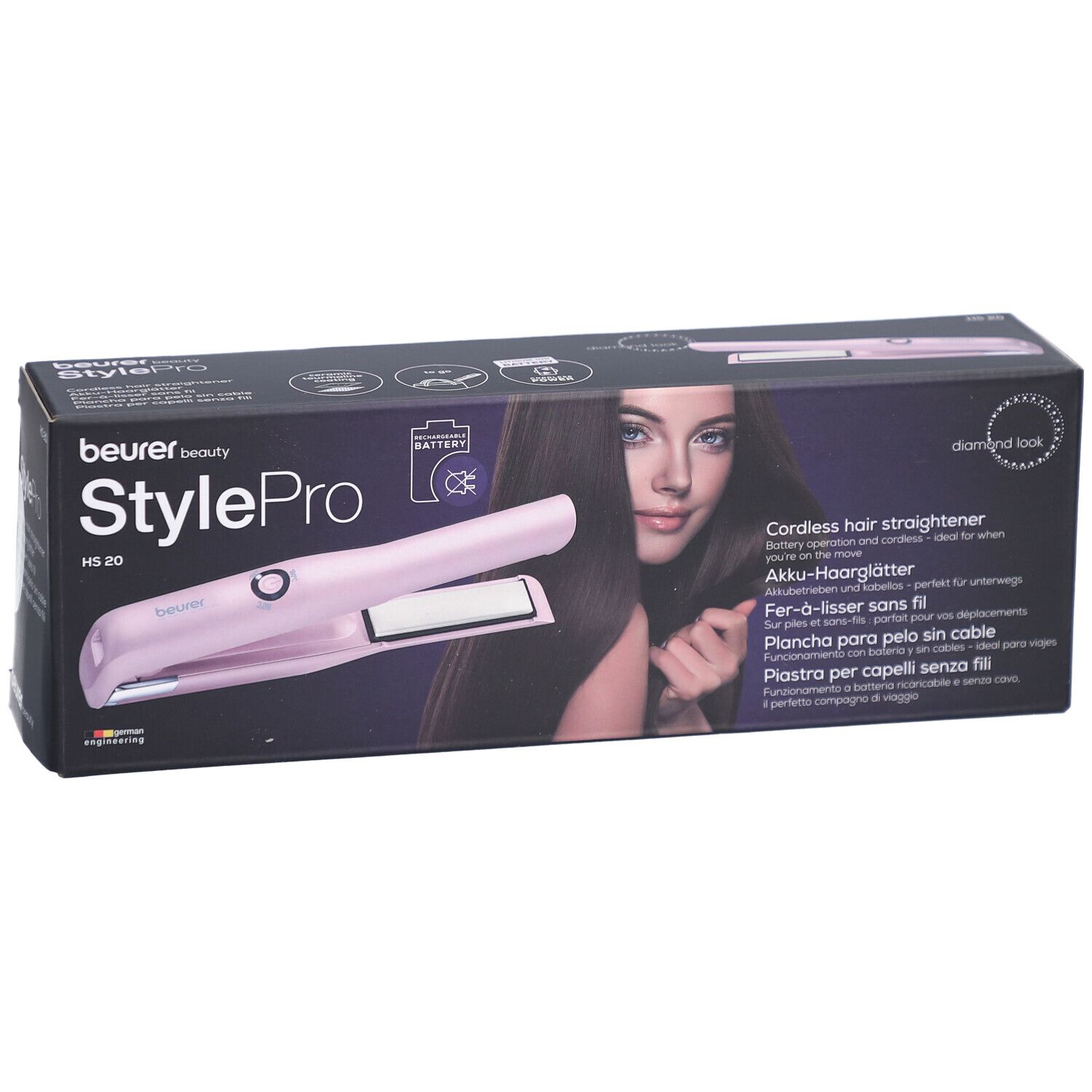 Piastra per capelli senza filo HS 20 StylePro Beurer nella confezione. Dispositivo rosa, donna con capelli lunghi sulla confezione.
