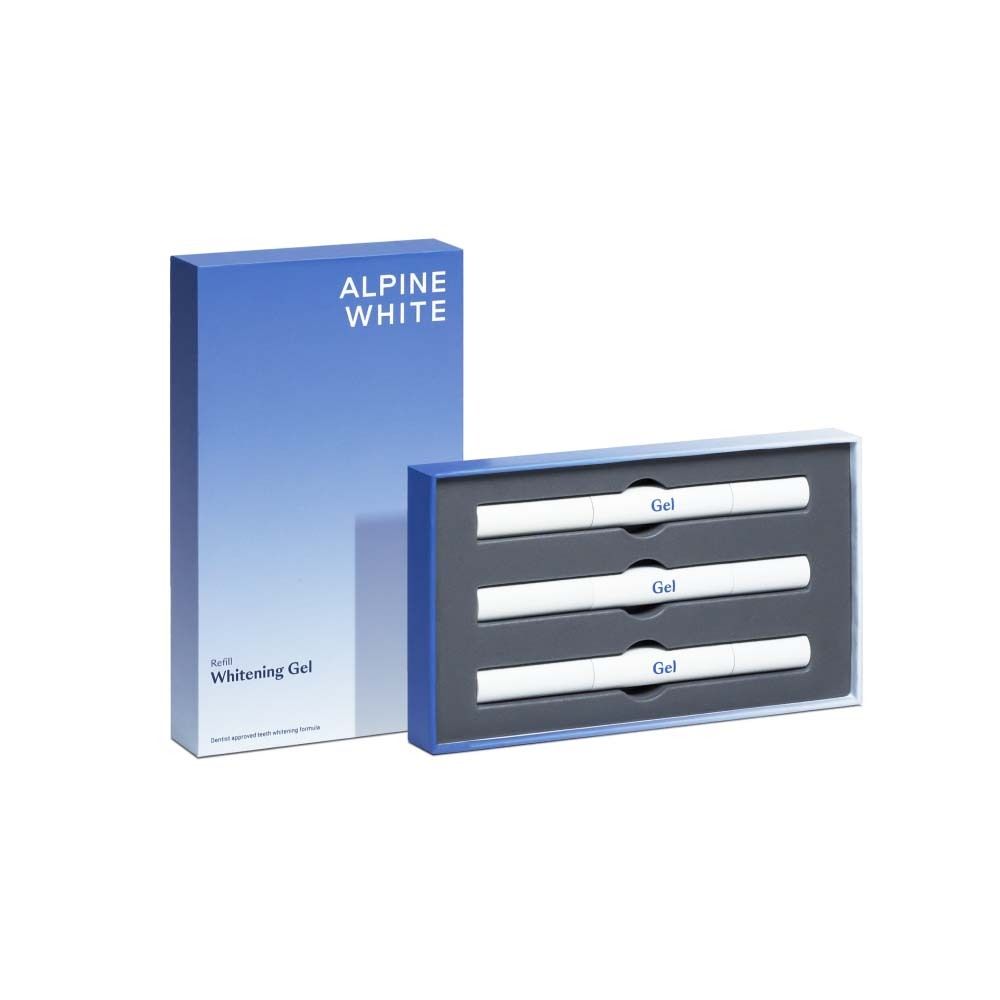Scatola blu e bianca con scritta "ALPINE WHITE". Contiene tre penne gel. Gel sbiancante.