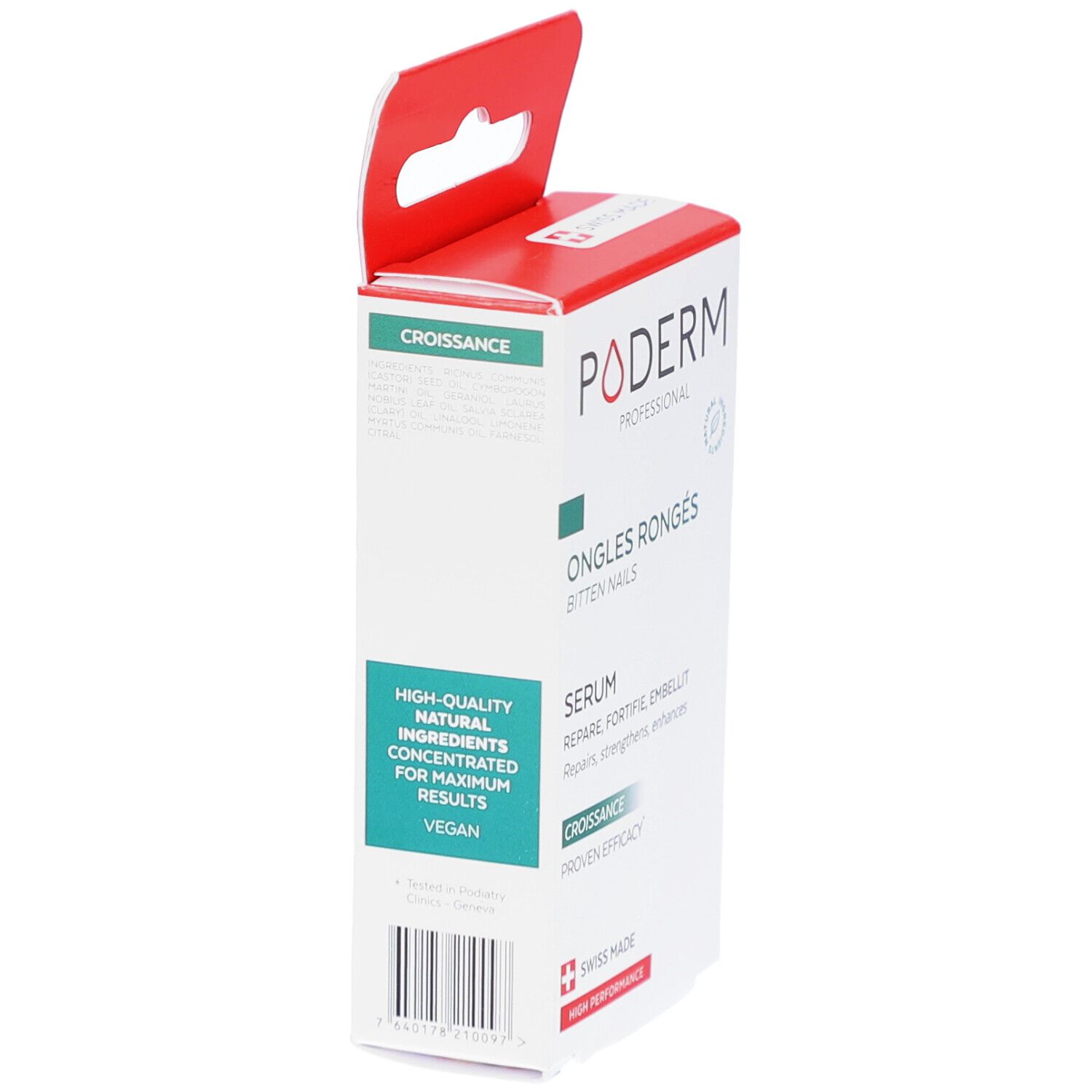 Vista laterale della confezione PODERM. Testo: Ongles Rongés, siero. Scatola bianca con gancio rosso.