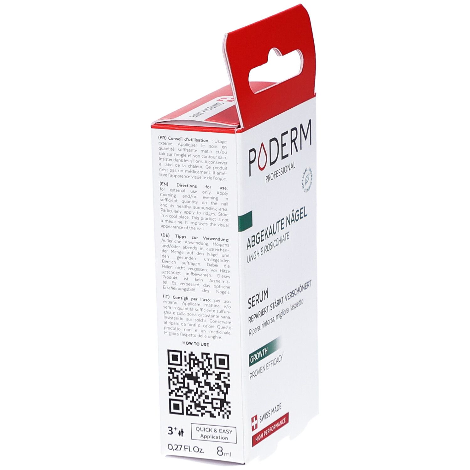 Vista laterale della confezione. Bianco con accento verde. Testo: PODERM, UNGHIE ROSICCHIATE, siero, Growth, Swiss Made. Codice QR.