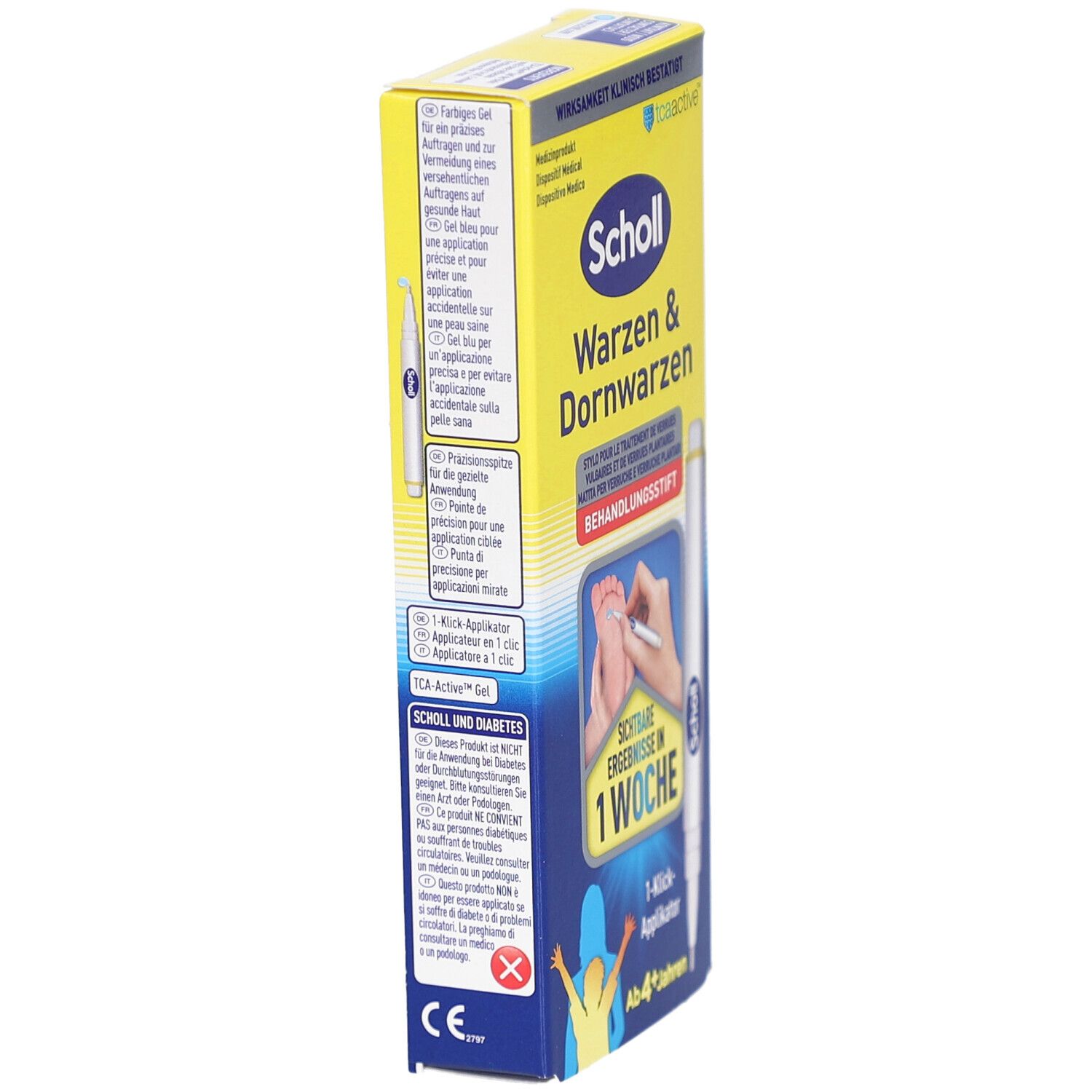 Scholl Warzen & Dornwarzen Behandlungsstift. Confezione, vista laterale. Testo e immagine del prodotto. Applicatore 1 clic. Risultati visibili in 1 settimana. Da 4+ anni.