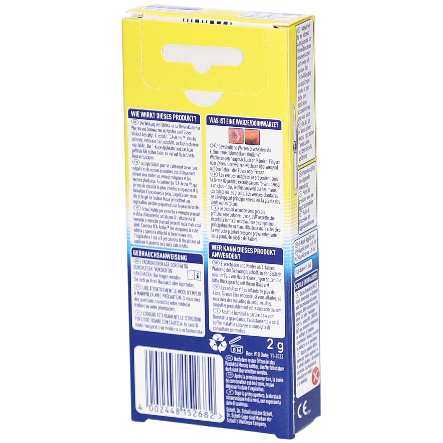 Scholl Warzen & Dornwarzen Behandlungsstift. Confezione, retro. Informazioni testuali su uso e ingredienti. Contenuto 2 g.
