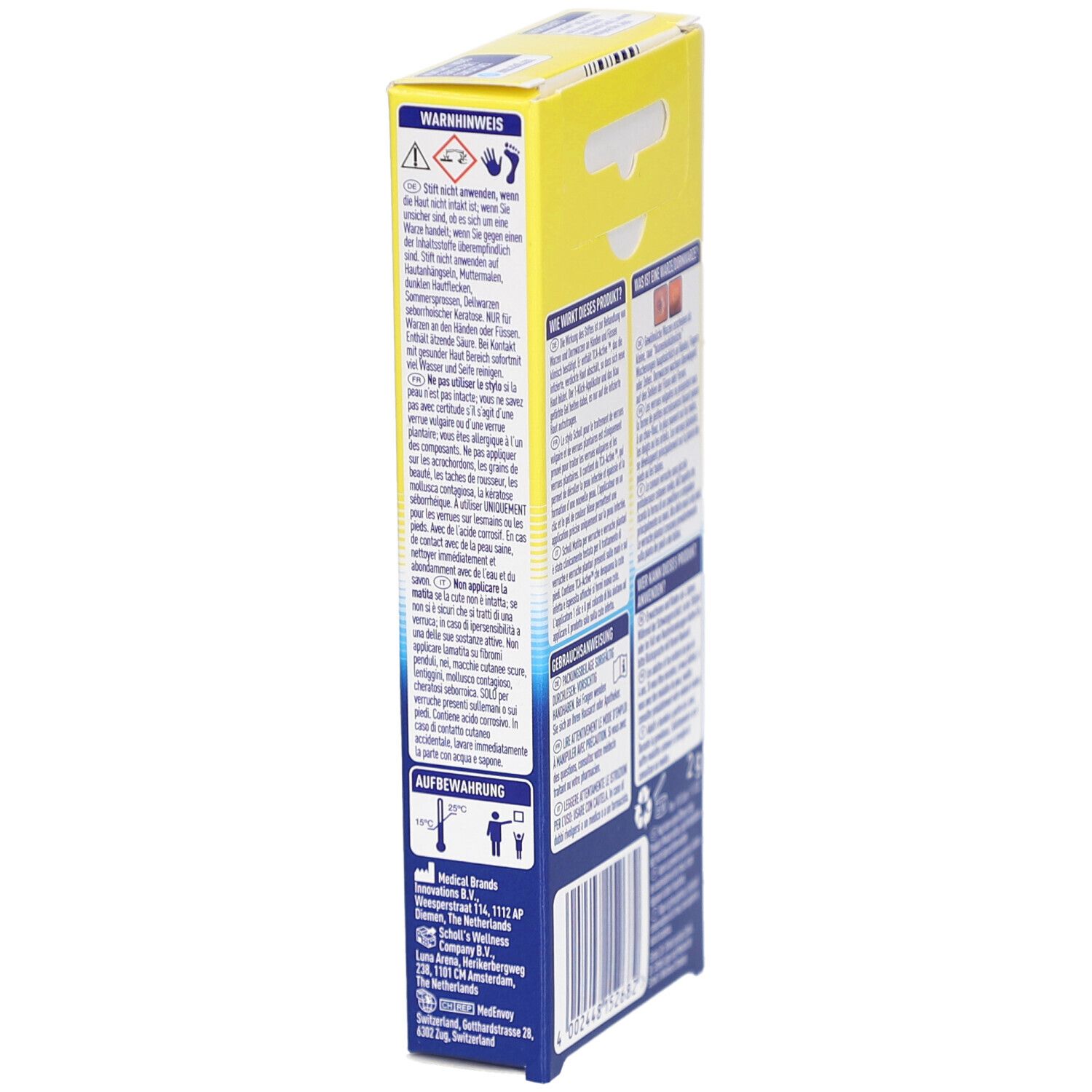 Scholl Warzen & Dornwarzen Behandlungsstift. Confezione, vista laterale. Avvertenze e istruzioni di conservazione. Dispositivo medico.