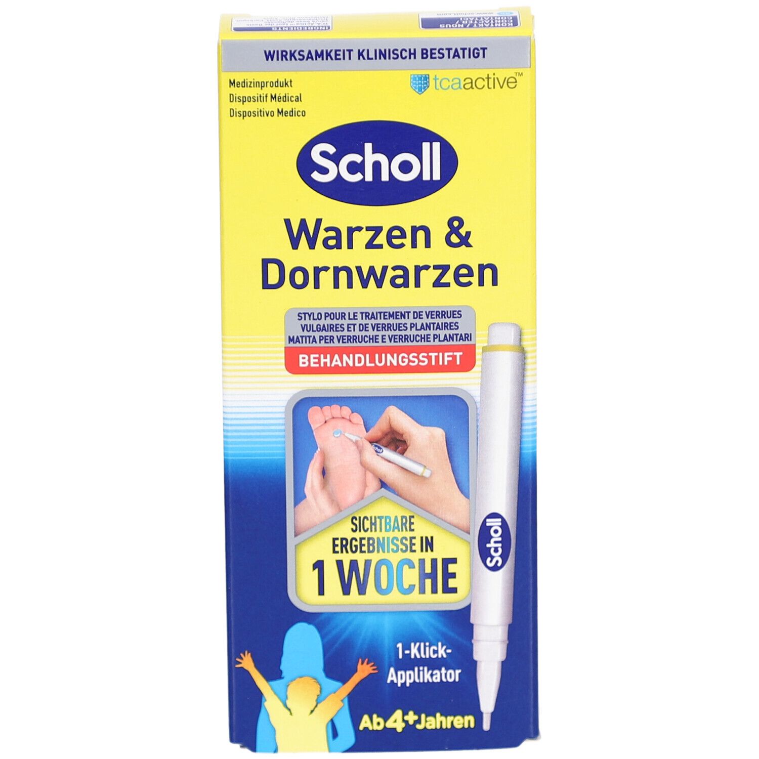 Scholl Warzen & Dornwarzen Behandlungsstift. Confezione con immagine del prodotto e testo. Risultati visibili in 1 settimana. Applicatore 1 clic. Da 4+ anni.