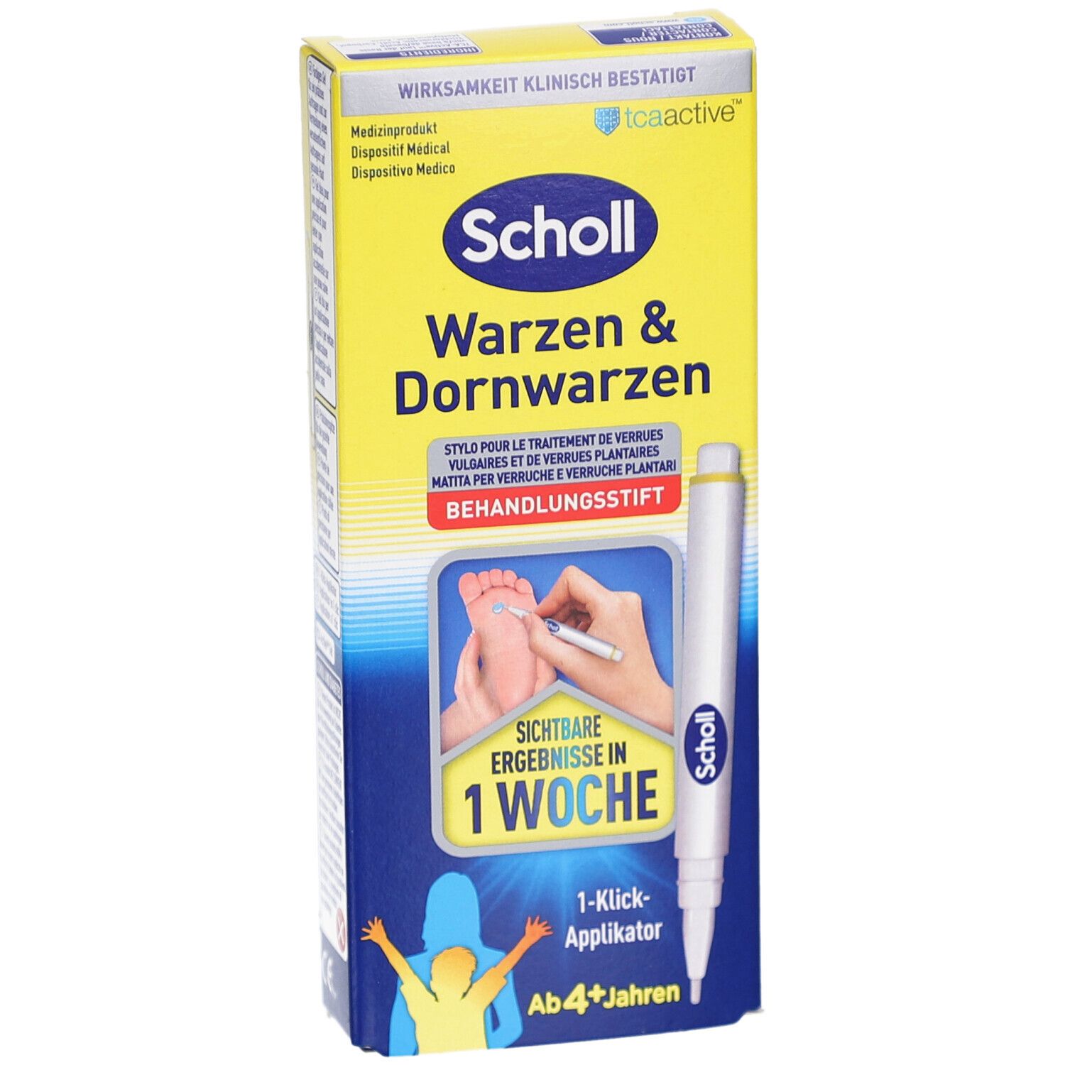 Scholl Warzen & Dornwarzen Behandlungsstift. Confezione con immagine del prodotto e testo. Risultati visibili in 1 settimana. Applicatore 1 clic. Da 4+ anni.