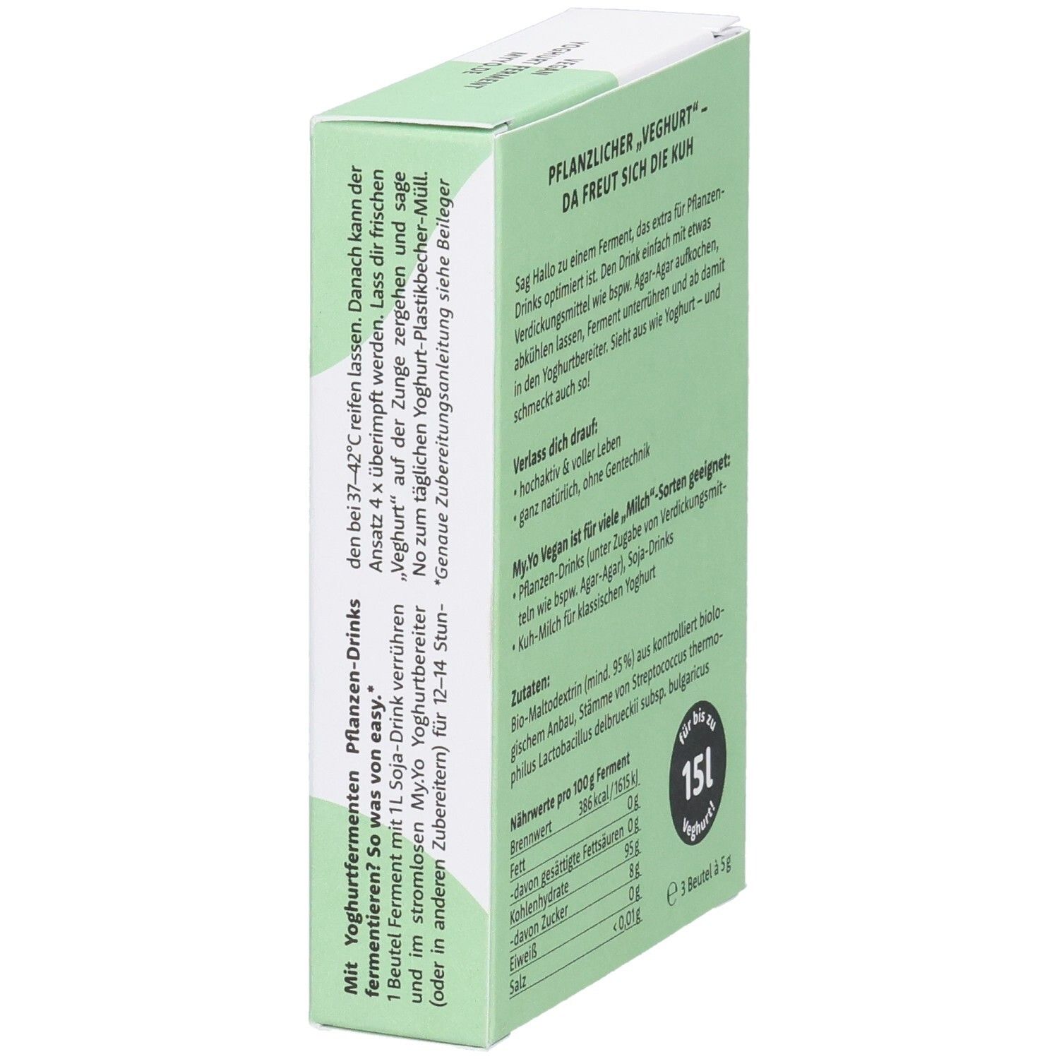 Vista laterale della confezione di My.Yo fermento per yogurt vegano. Scatola verde e bianca con testo. Sigillo biologico.