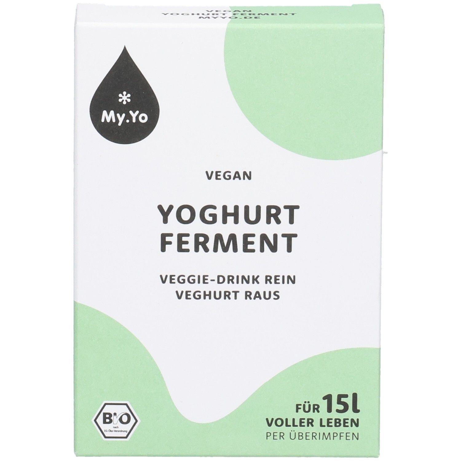 Fronte della confezione di My.Yo fermento per yogurt vegano. Bianco con design verde. Testo: Vegano, fermento per yogurt, sigillo bio.