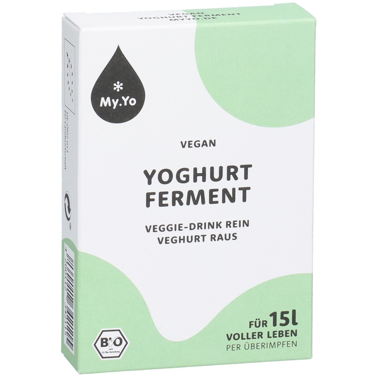 Fronte della confezione di My.Yo fermento per yogurt vegano. Bianco con design verde. Testo: Vegano, fermento per yogurt, sigillo bio.