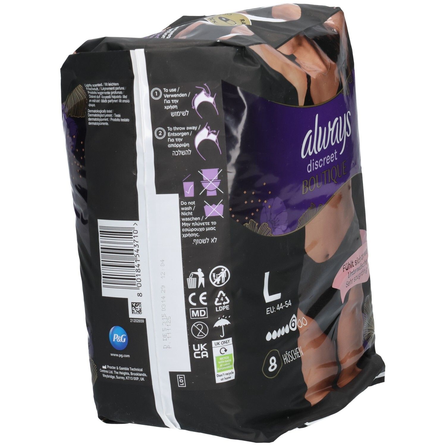 Retro della confezione: Mutandine Always Discreet Boutique, Taglia L, 8 pezzi, nere.