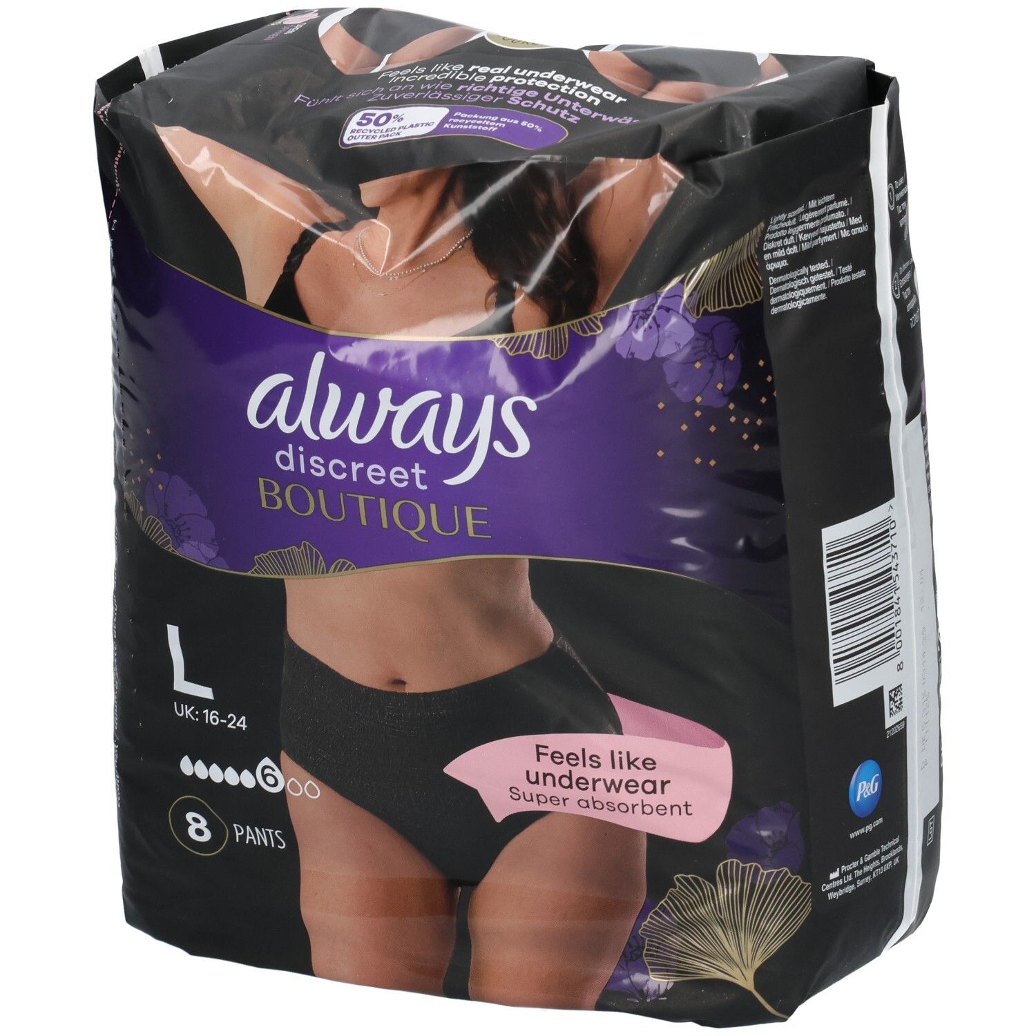 Mutandine Always Discreet Boutique, Taglia L, 8 pezzi, nere. Taglia UK 16-24.