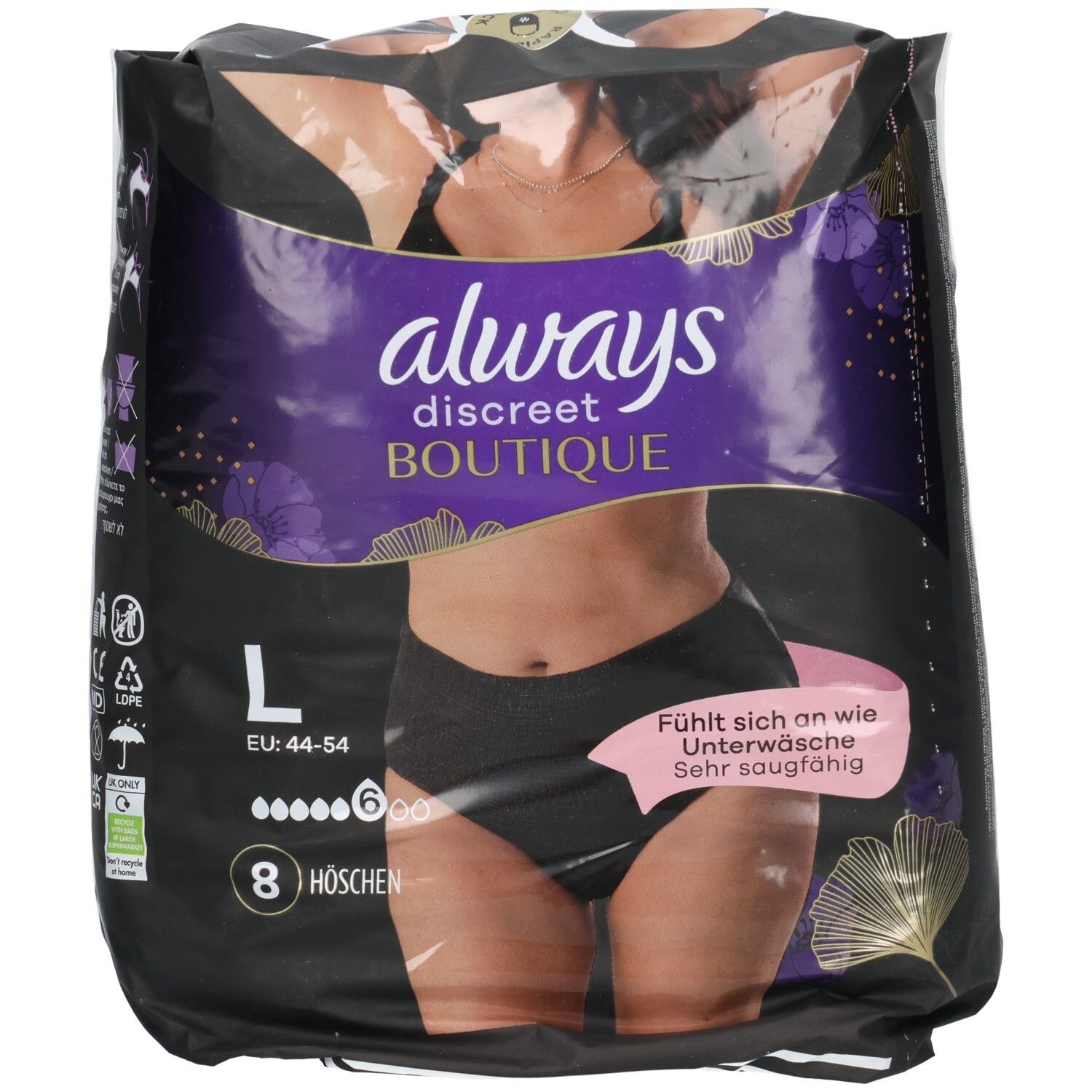 Mutandine Always Discreet Boutique, Taglia L, 8 pezzi, nere. Con motivo floreale.