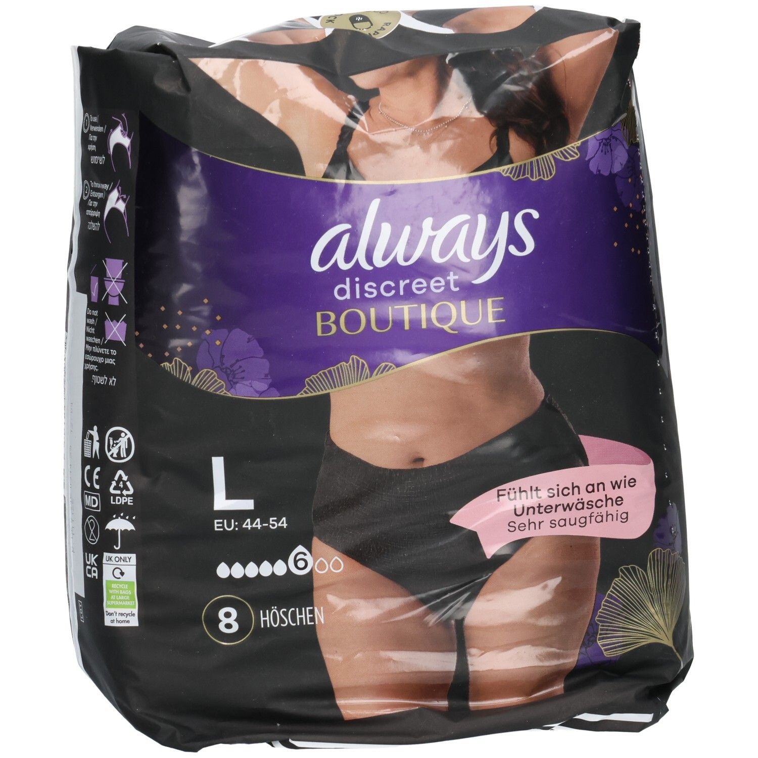 Fronte della confezione: Mutandine Always Discreet Boutique, Taglia L, 8 pezzi, nere.