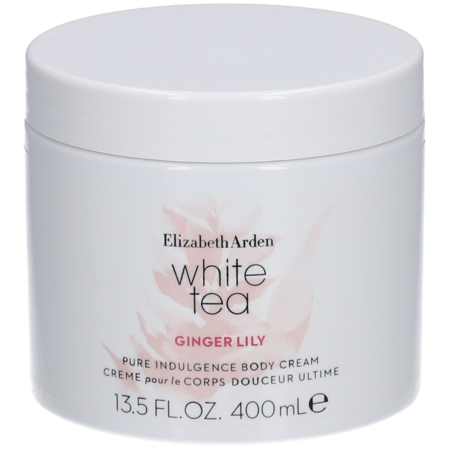 Vaso bianco con coperchio. Scritta: Elizabeth Arden White Tea Ginger Lily Body Cream. 13.5 FL.OZ. 400 ml.