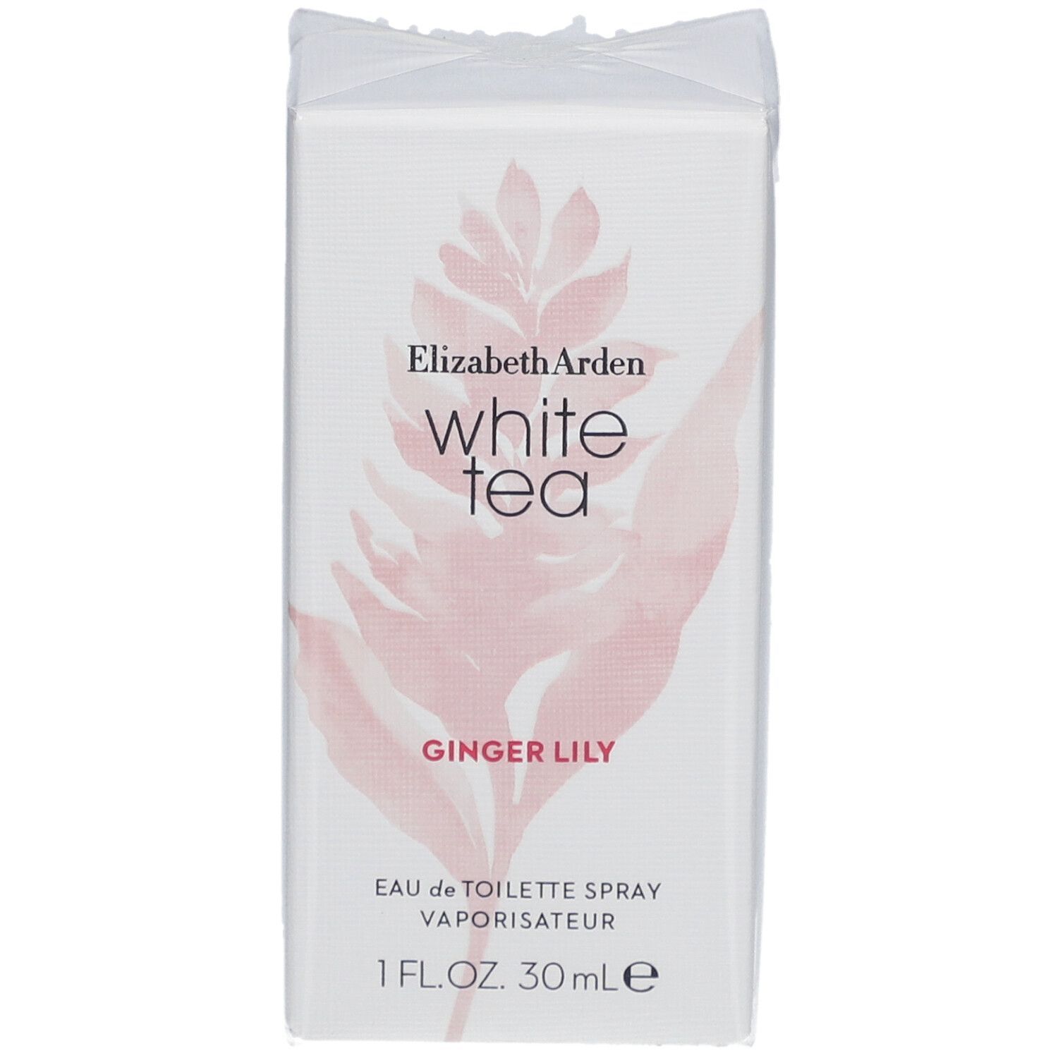 Scatola bianca rettangolare con nome del prodotto e design floreale. Testo: White Tea, Ginger Lily, Eau de Toilette Spray, 1 Fl.Oz. 30 ml.