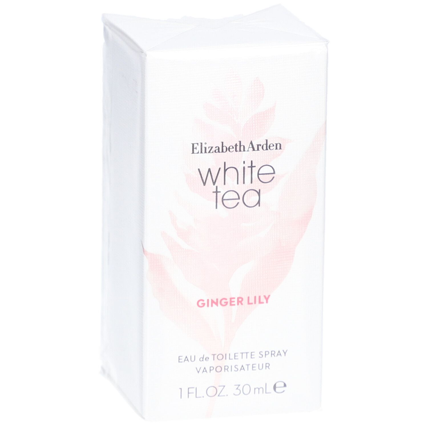 Scatola bianca rettangolare con nome del prodotto e design floreale. Testo: White Tea, Ginger Lily, Eau de Toilette Spray, 1 Fl.Oz. 30 ml.