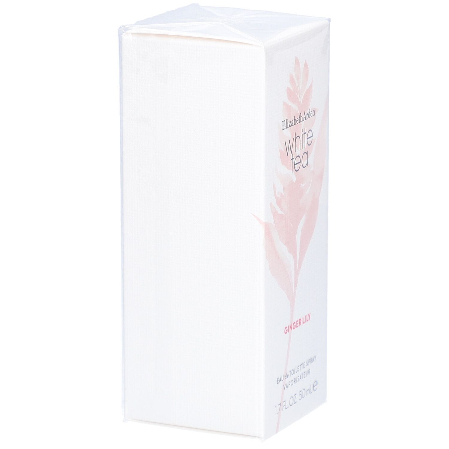 Scatola rettangolare bianca con nome del prodotto e design floreale. Scritto: Elizabeth Arden White Tea Ginger Lily.