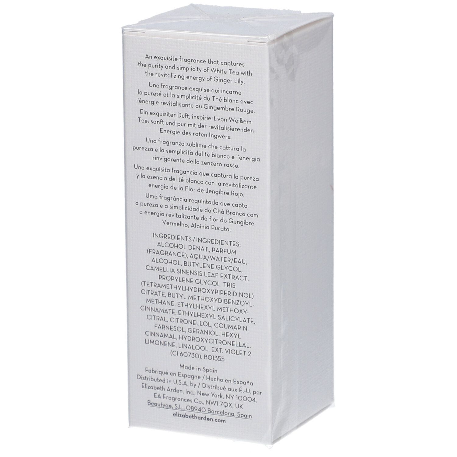 Scatola rettangolare bianca con testo. Scritto: Elizabeth Arden White Tea Ginger Lily. Ingredienti e produttore.