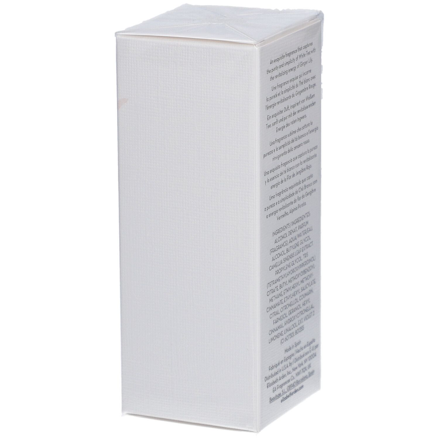 Scatola rettangolare bianca con testo. Scritto: Elizabeth Arden White Tea Ginger Lily. Ingredienti e produttore.