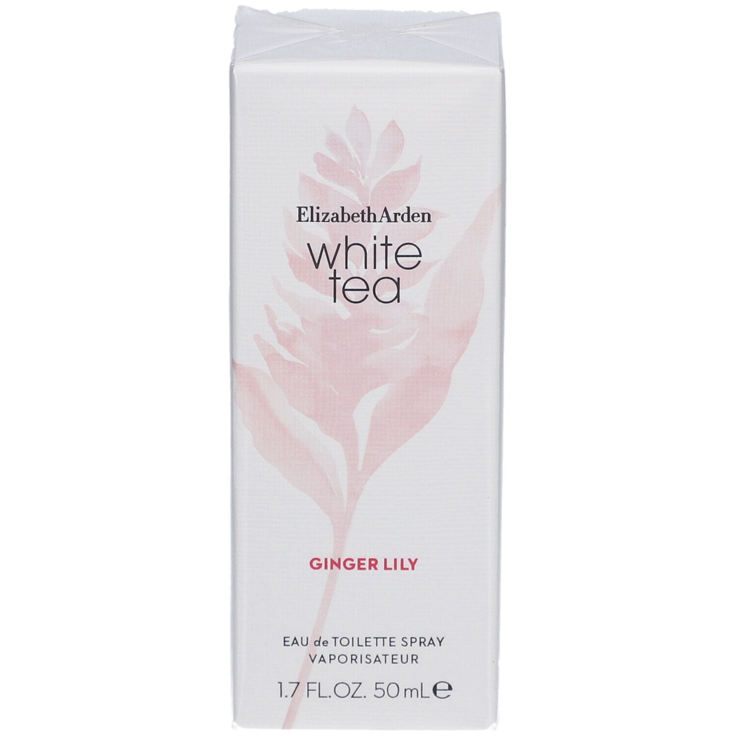 Scatola rettangolare bianca con nome del prodotto e design floreale. Scritto: Elizabeth Arden White Tea Ginger Lily.