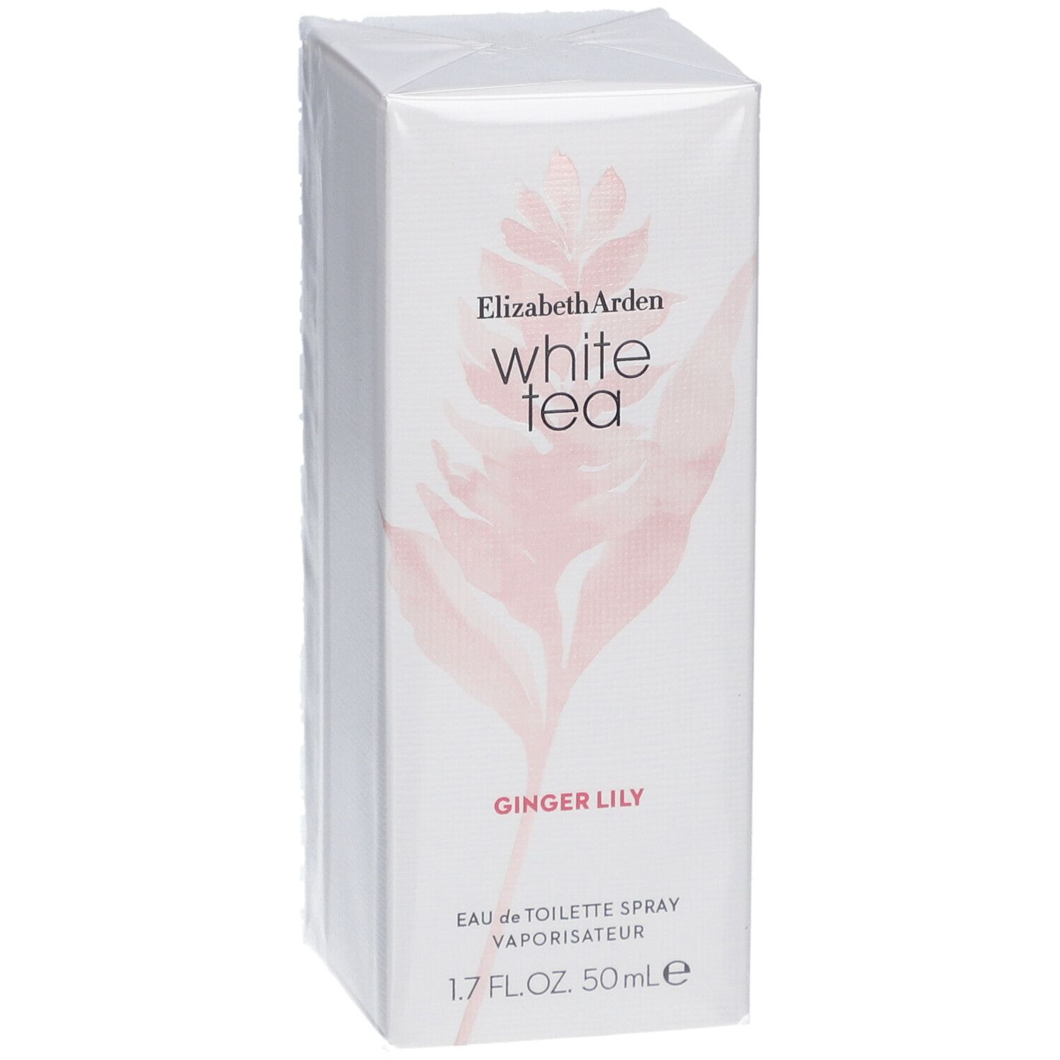 Scatola rettangolare bianca con nome del prodotto e design floreale. Scritto: Elizabeth Arden White Tea Ginger Lily.