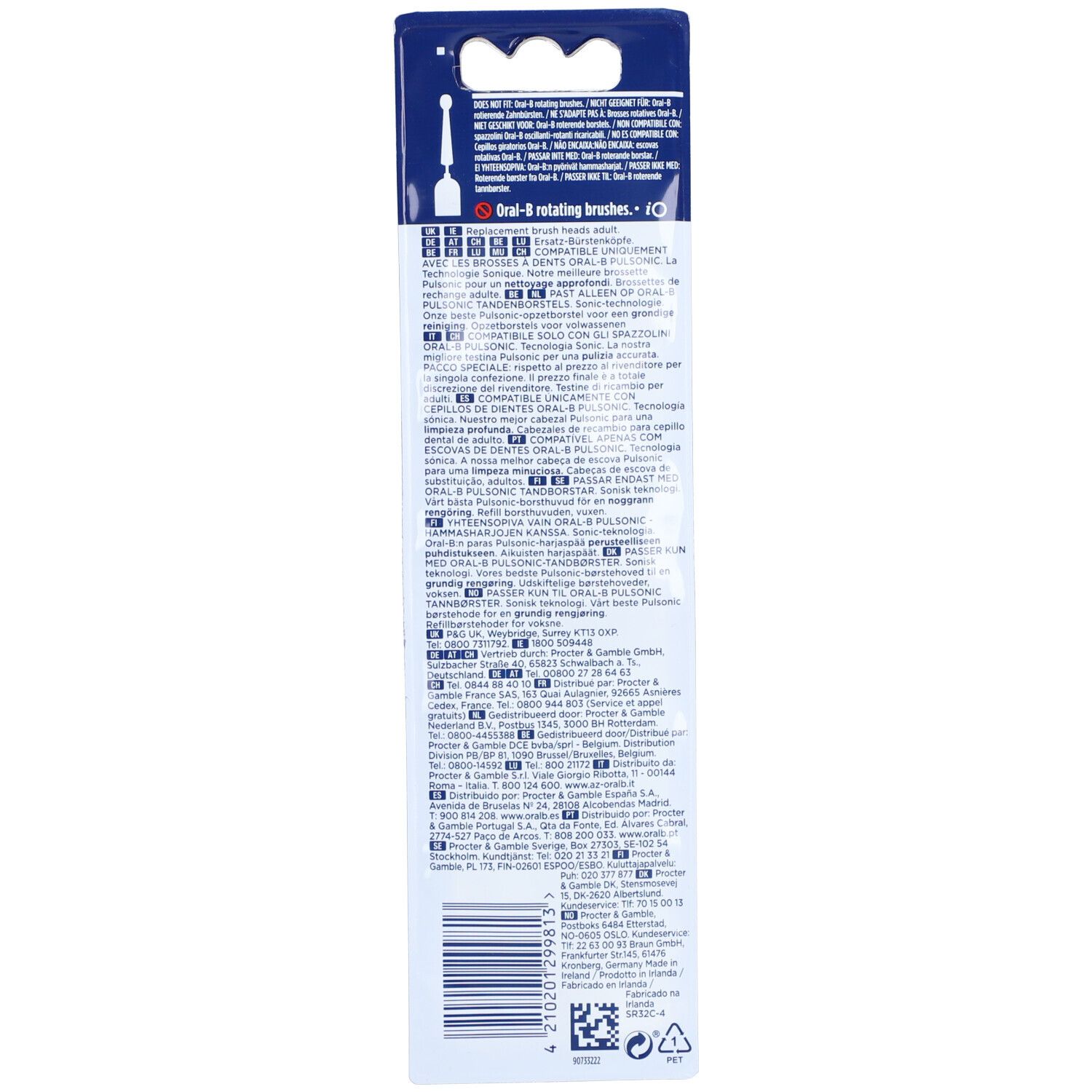 Confezione per testine rotanti Oral-B con informazioni sul prodotto e codice a barre.