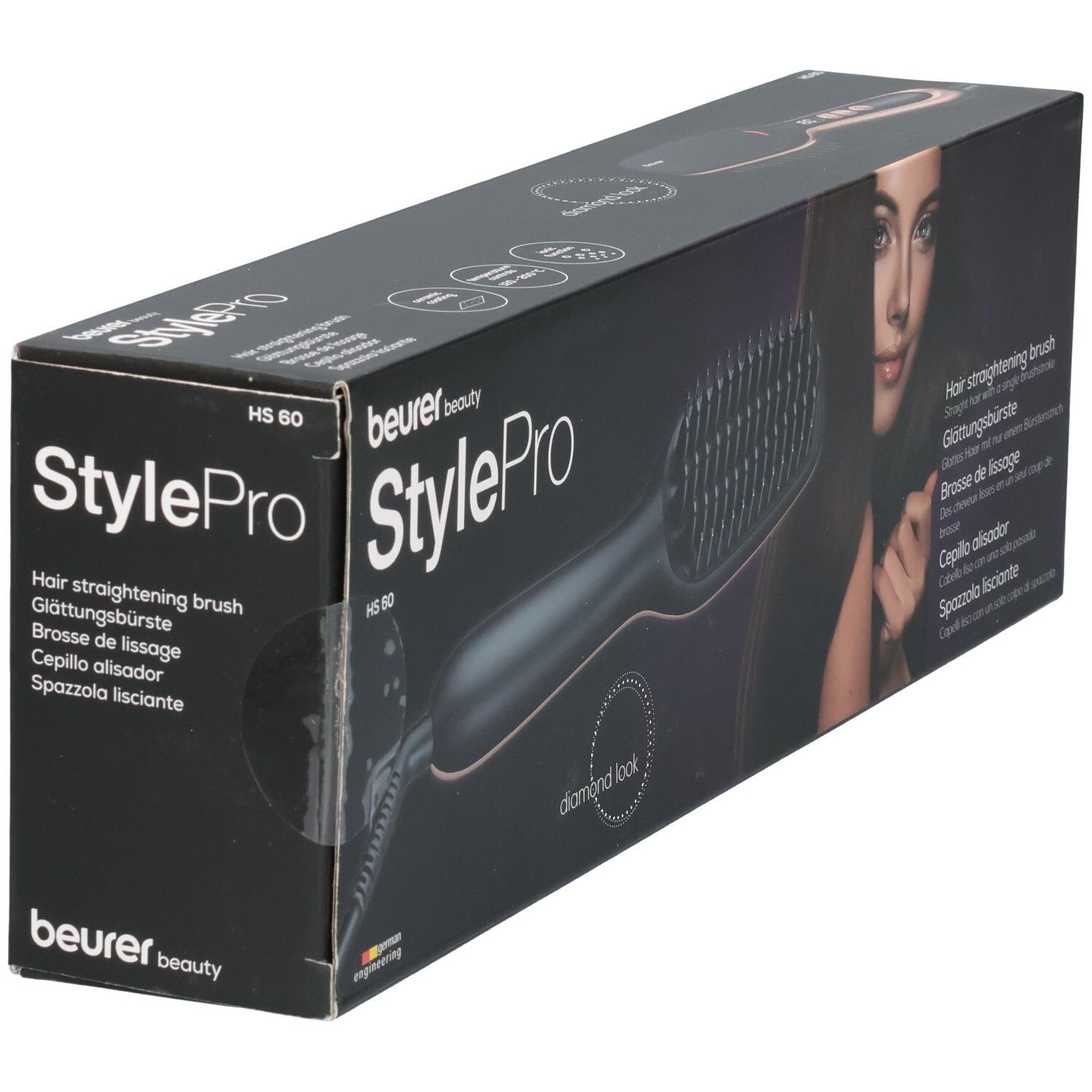 Confezione con spazzola lisciante. Marchio Beurer StylePro. Scatola nera con immagine e nome del prodotto.