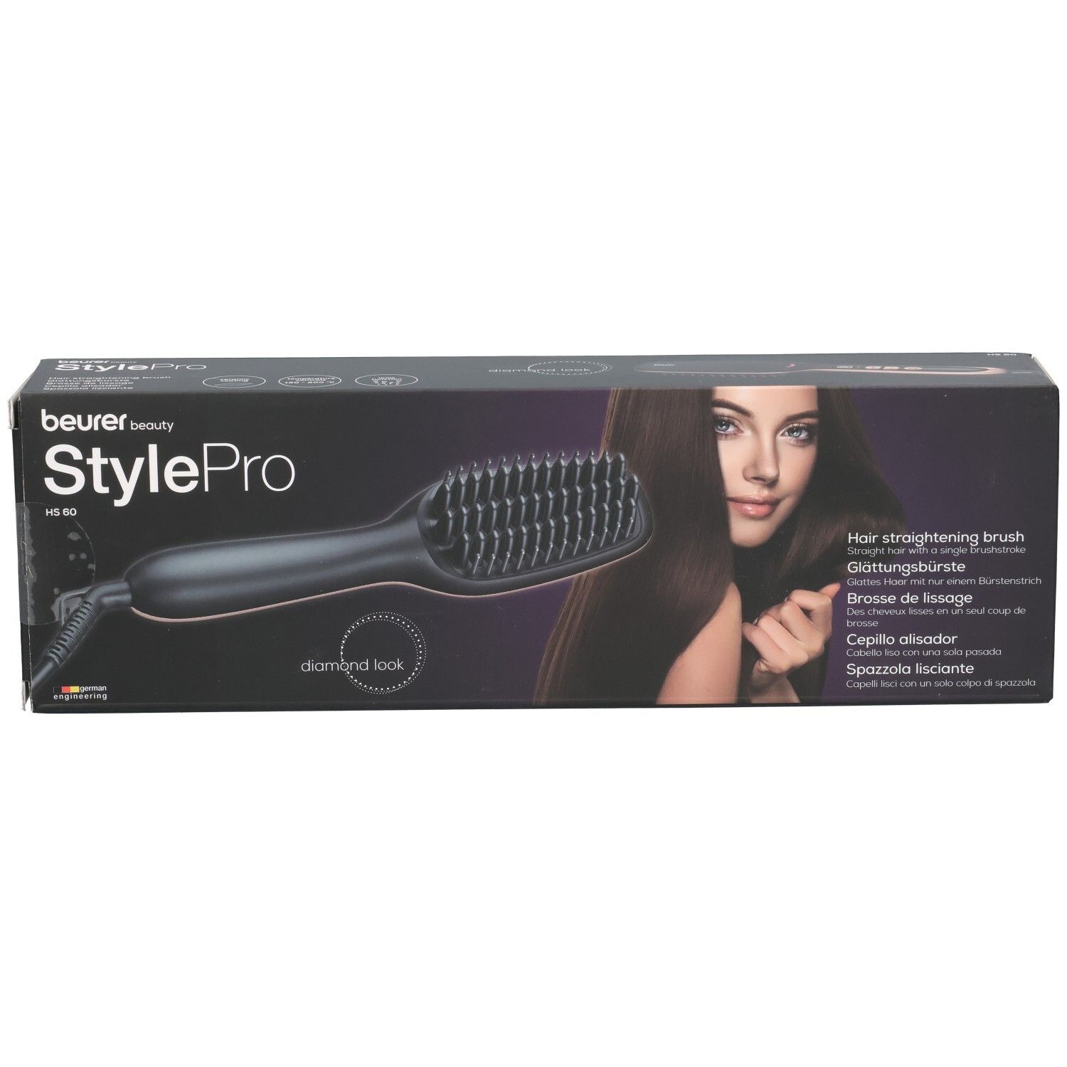 Confezione con spazzola lisciante. Marchio Beurer StylePro. Scatola nera con immagine e nome del prodotto.
