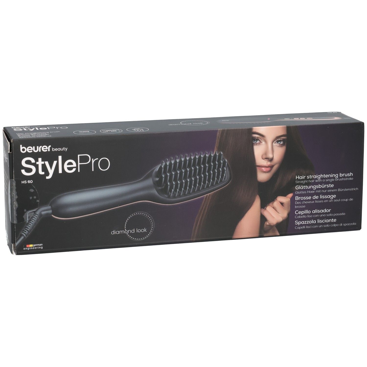 Confezione con spazzola lisciante. Marchio Beurer StylePro. Scatola nera con immagine e nome del prodotto.