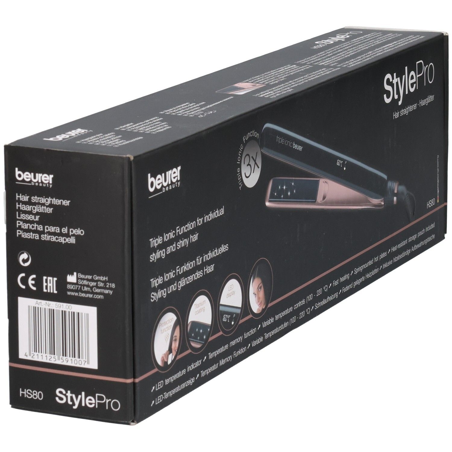 Piastra per capelli Beurer StylePro in confezione. Nera e oro rosa. Funzione Triple Ionic.