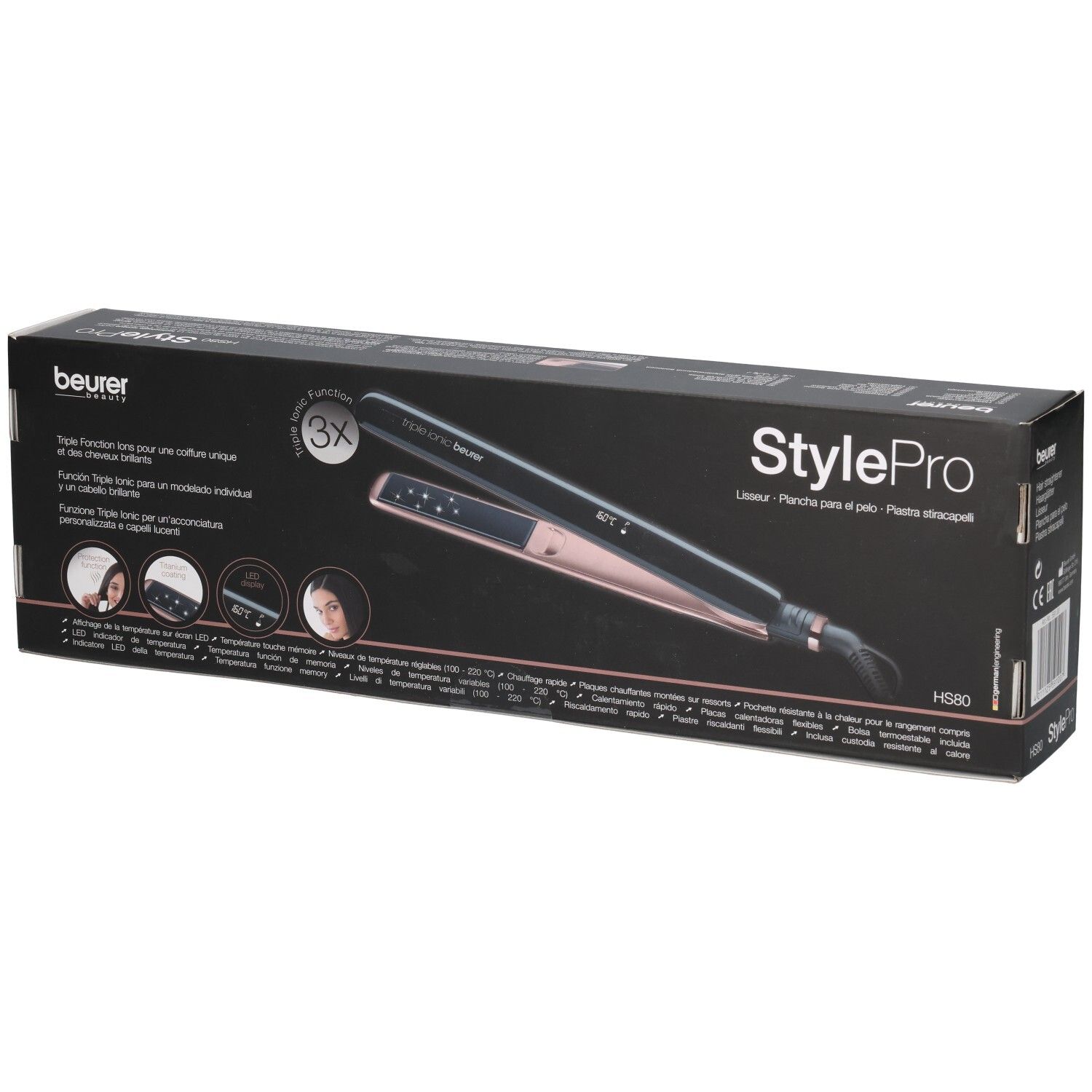 Piastra per capelli Beurer StylePro in confezione. Nera e oro rosa. Funzione Triple Ionic.