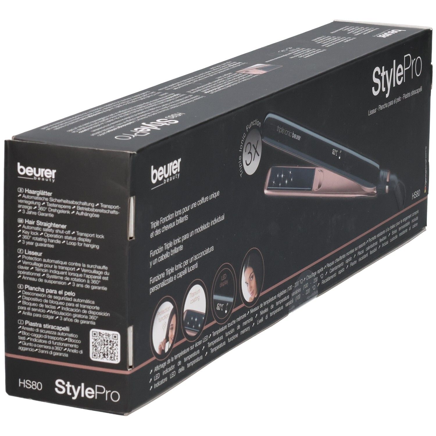 Piastra per capelli Beurer StylePro in confezione. Nera e oro rosa. Funzione Triple Ionic.