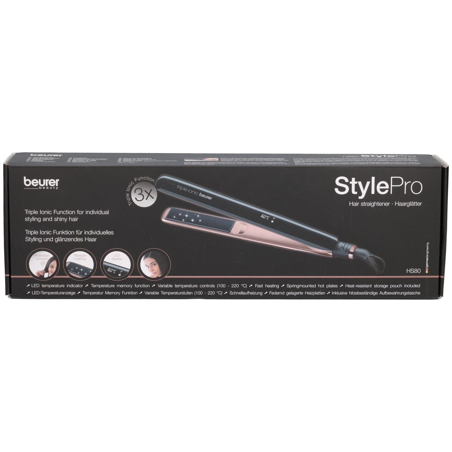 Piastra per capelli Beurer StylePro in confezione. Nera e oro rosa. Funzione Triple Ionic.