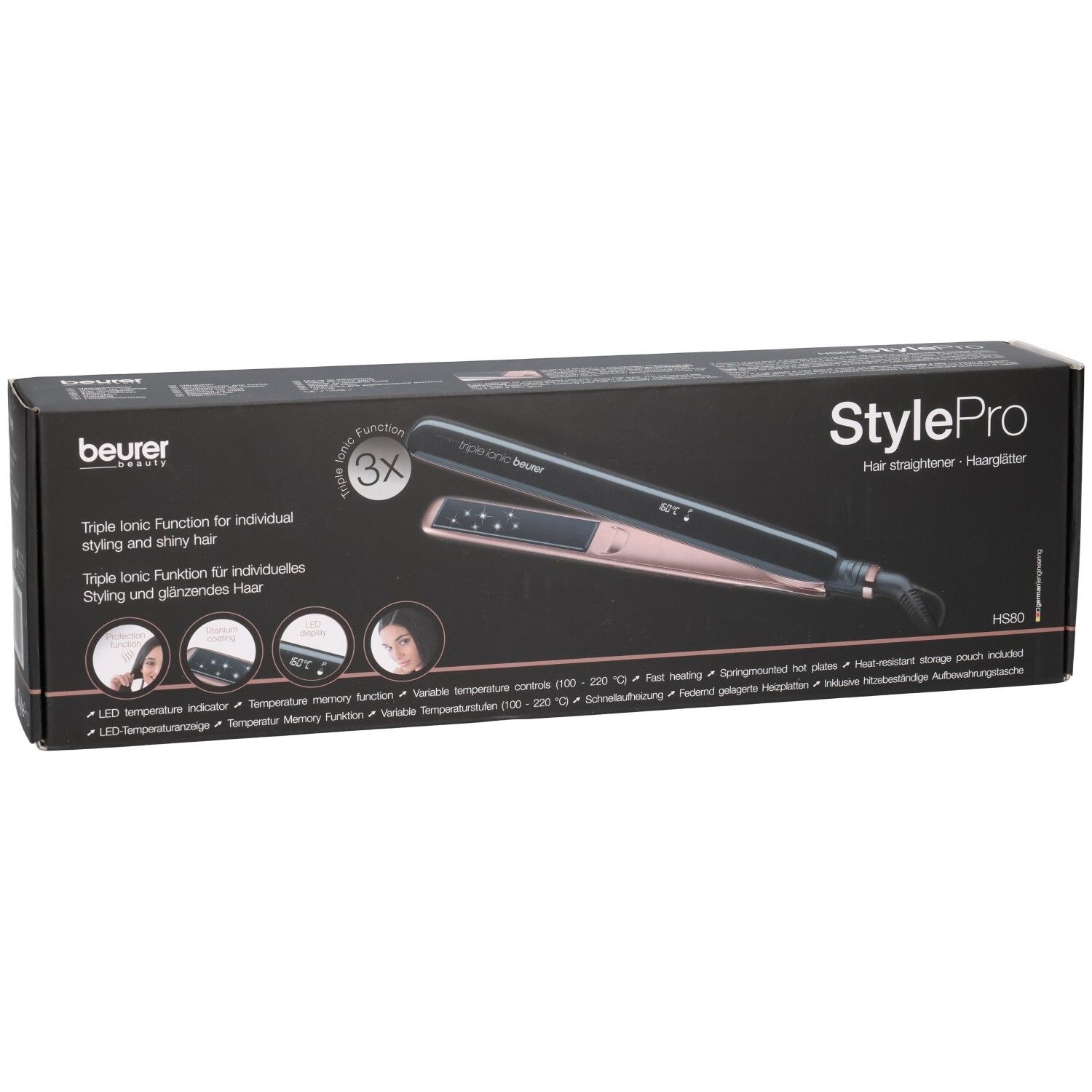 Piastra per capelli Beurer StylePro in confezione. Nera e oro rosa. Funzione Triple Ionic.