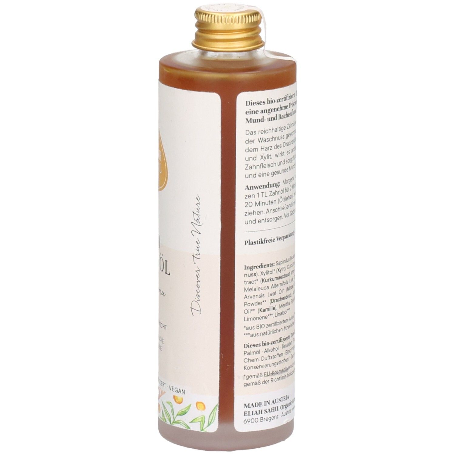 Bottiglia con liquido marrone. Etichetta con testo e logo. Tappo dorato. Scritta: BIO ZAHNNÖL Kurkuma.