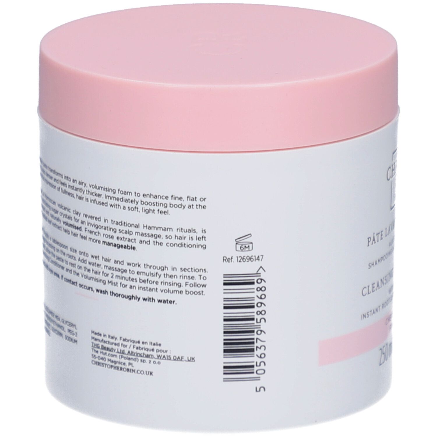 Barattolo rotondo, retro. Testo: Pâte Lavante Volumissante. Cleansing Volumising Paste. 250 ml. Codice a barre.