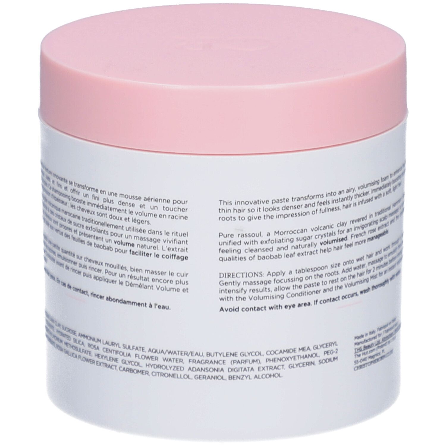 Barattolo rotondo, retro. Testo: Pâte Lavante Volumissante. Cleansing Volumising Paste. Istruzioni per l'uso.