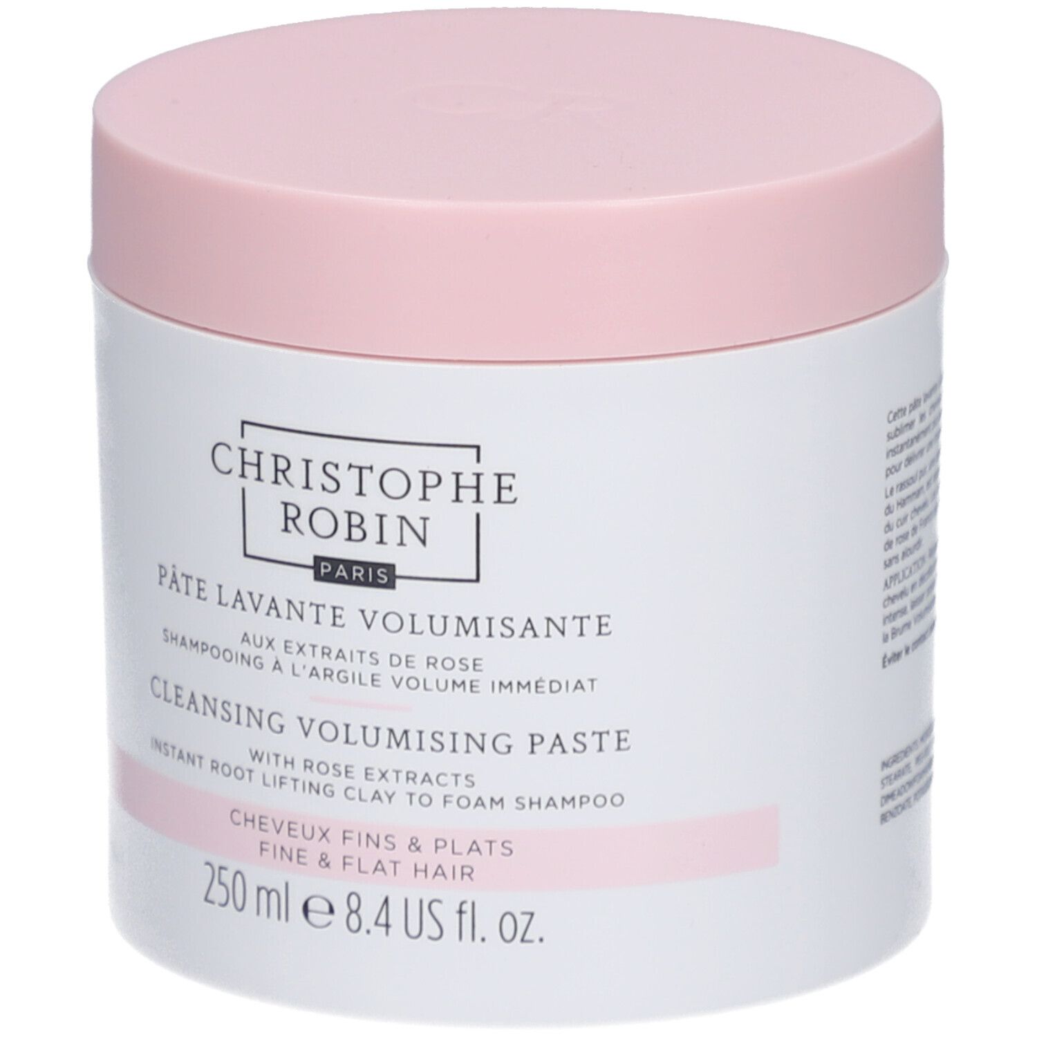 Barattolo rotondo con coperchio rosa. Scritta: Christophe Robin Paris. Pâte Lavante Volumissante. 250 ml.